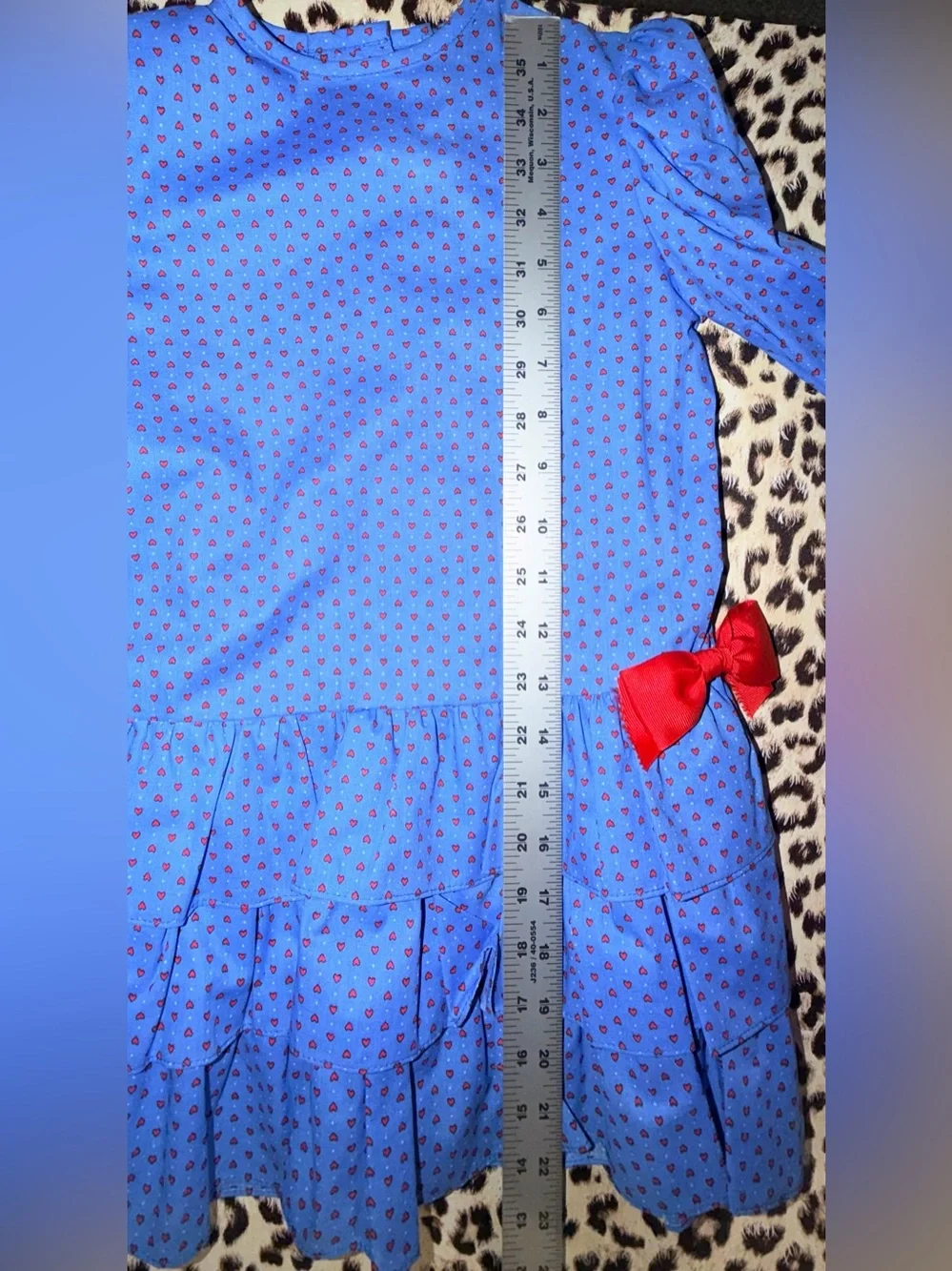 Little Star Toddler Girl’s Vintage Blue W/ Red Hearts And Red Bows Dress Size 5